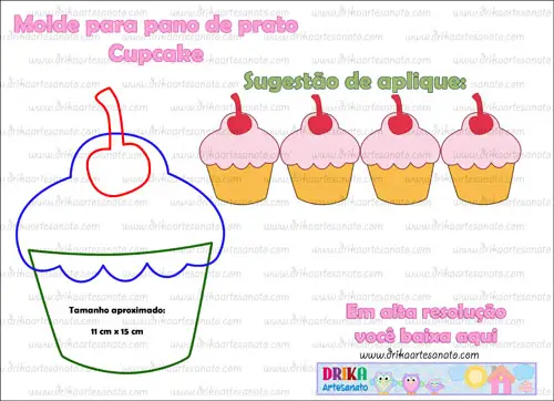 Molde de Cupcake Com Cereja Para Patch Aplique e Patchwork