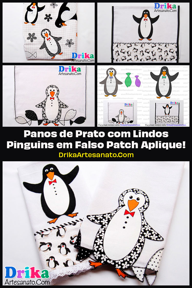 Panos de Prato com Lindos Pinguins em Falso Patch Aplique