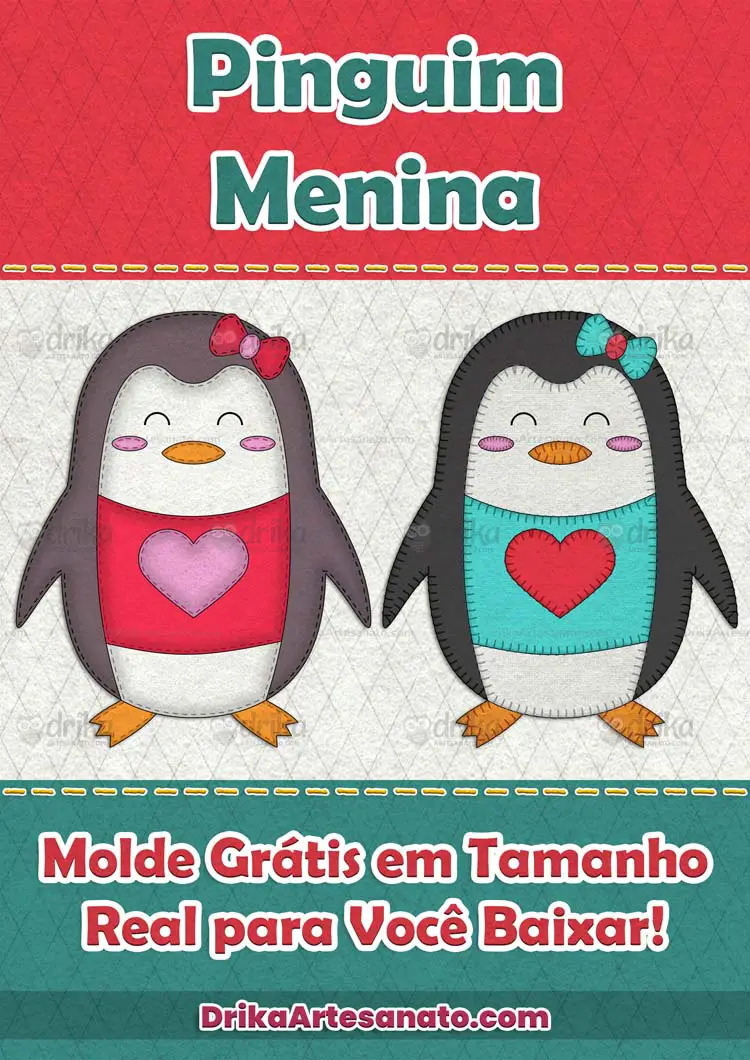 Molde Grátis de Pinguim Menina para Patch Aplique, Feltro e EVA