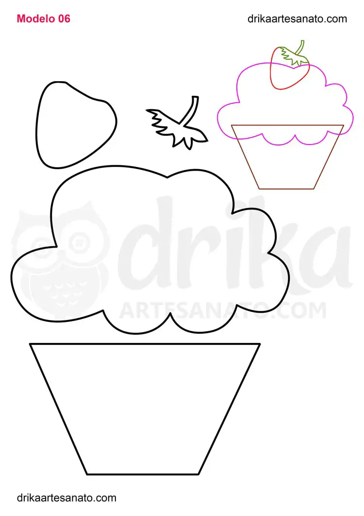 Molde e Risco de Cupcake com Morango para Patch Aplique em Pano de Prato em Tamanho Natural