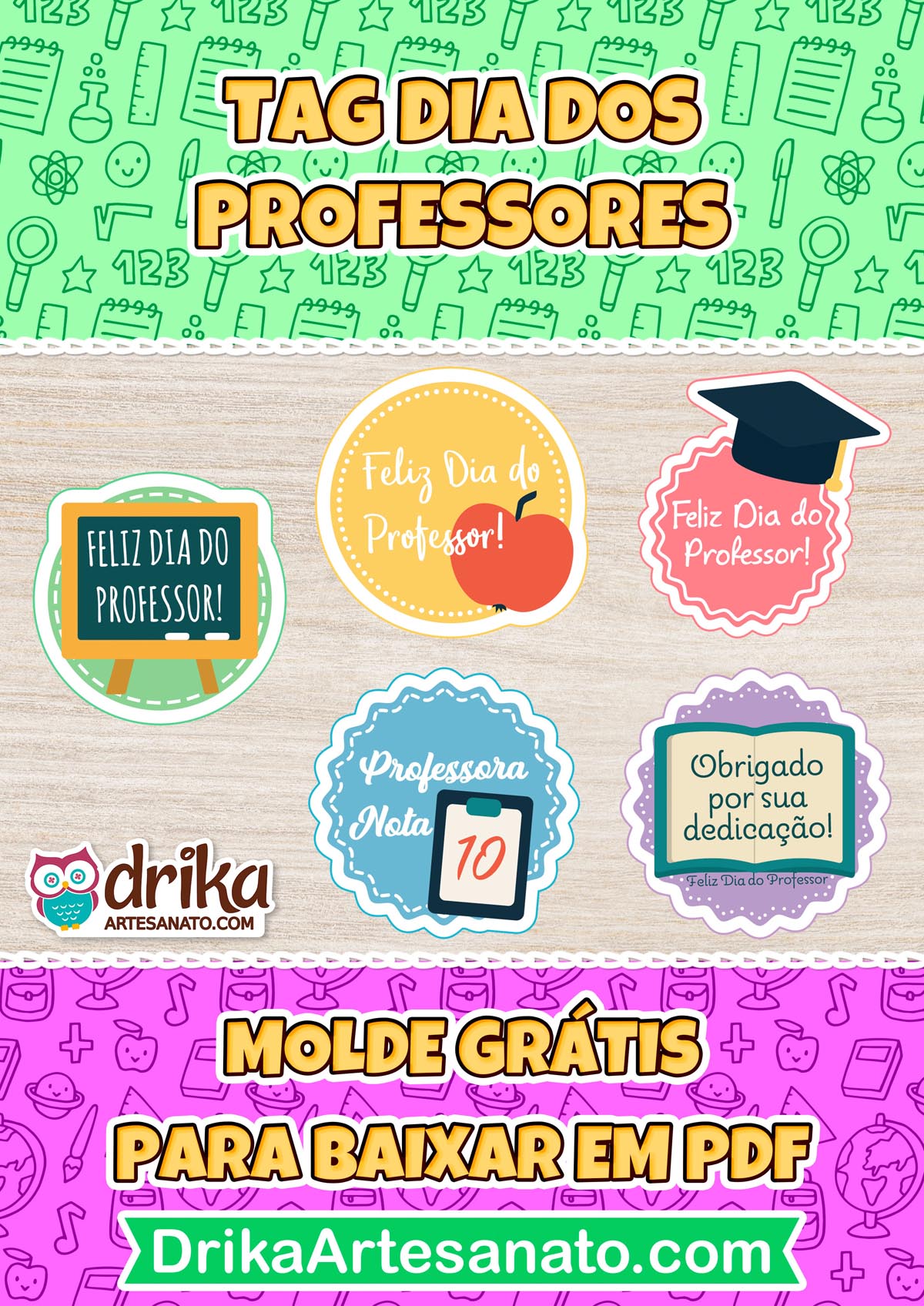 Folha decorada com desenhos escolares e tags Dia dos Professores: lousa, maçã, chapéu de formatura, tablet com nota 10 e tag de agradecimento