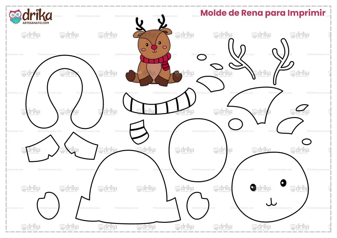Molde de Rena de Natal com Cachecol para Imprimir Grátis em PDF