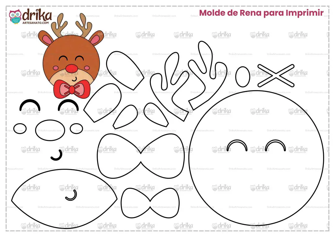 Molde de Rena de Natal de Gravata para Imprimir Grátis em PDF