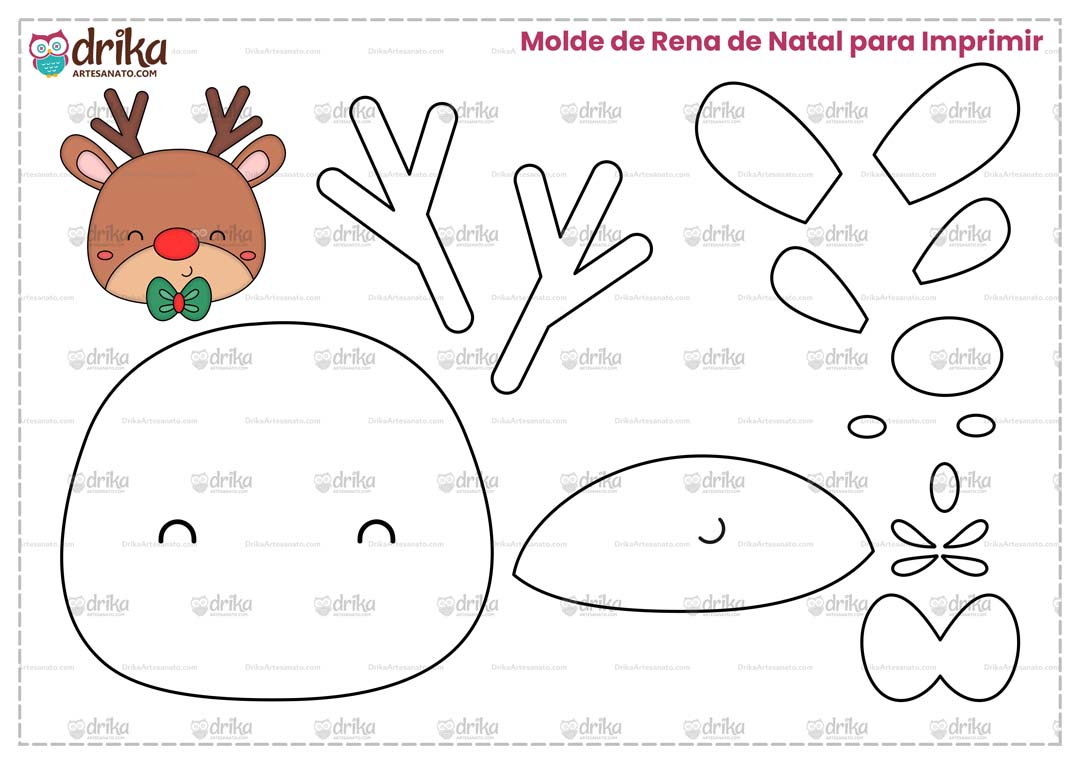 Molde de Rena de Natal Cute para Imprimir Grátis em PDF