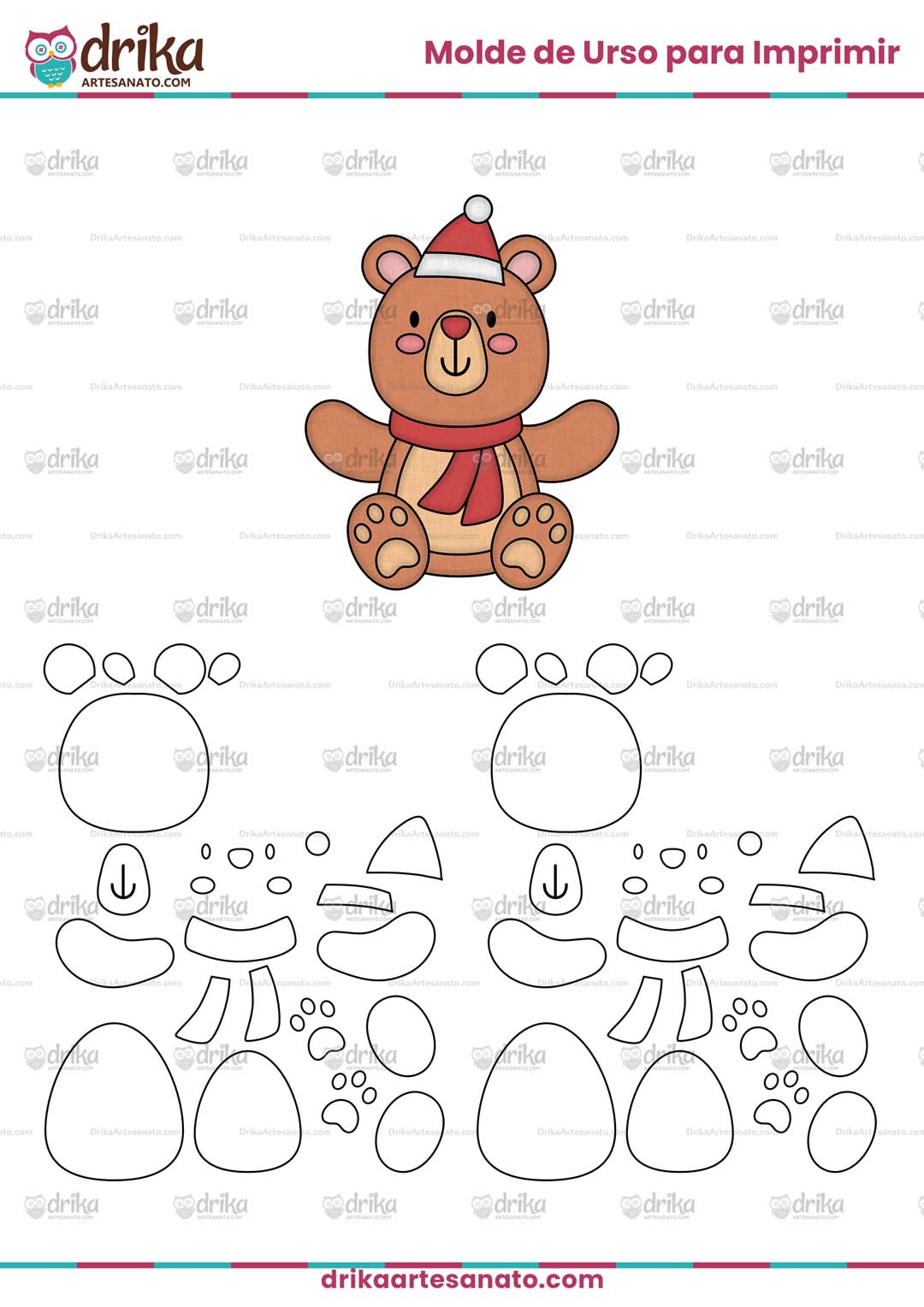 Molde de Urso de Natal de Cachecol para Imprimir Grátis em Tamanho Pequeno