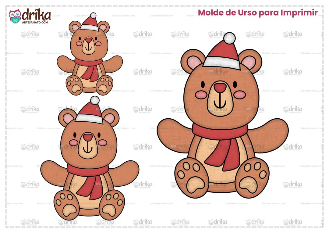 Molde de Urso de Natal de Cachecol para Imprimir Grátis em Vários Tamanhos em Folha A4