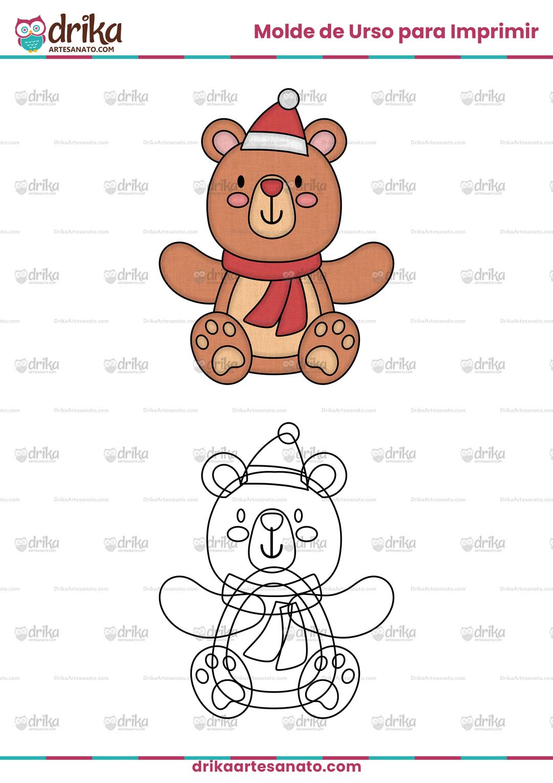 Molde Grátis de Urso de Natal de Cachecol para Imprimir em Tamanho Real