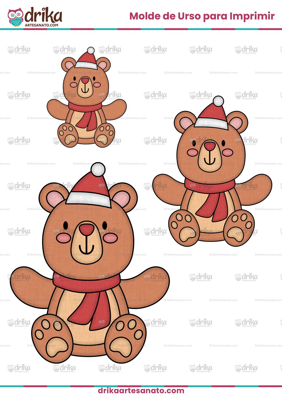 Molde de Urso de Natal de Cachecol para Imprimir Grátis em Vários Tamanhos