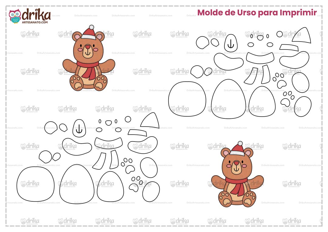 Molde de Urso de Natal de Cachecol para Imprimir Grátis em Folha A4