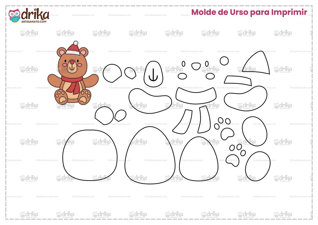 Molde de Urso de Natal de Cachecol para Imprimir Grátis em Folha A4