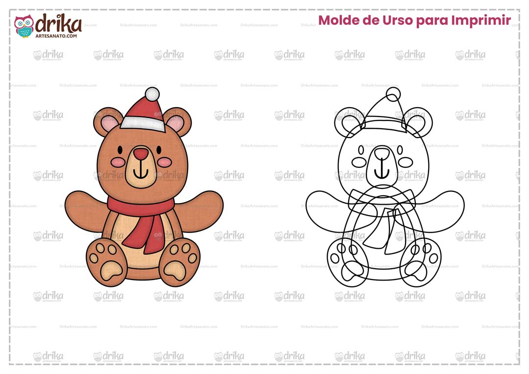 Molde Grátis de Urso de Natal de Cachecol para Imprimir em Folha A4