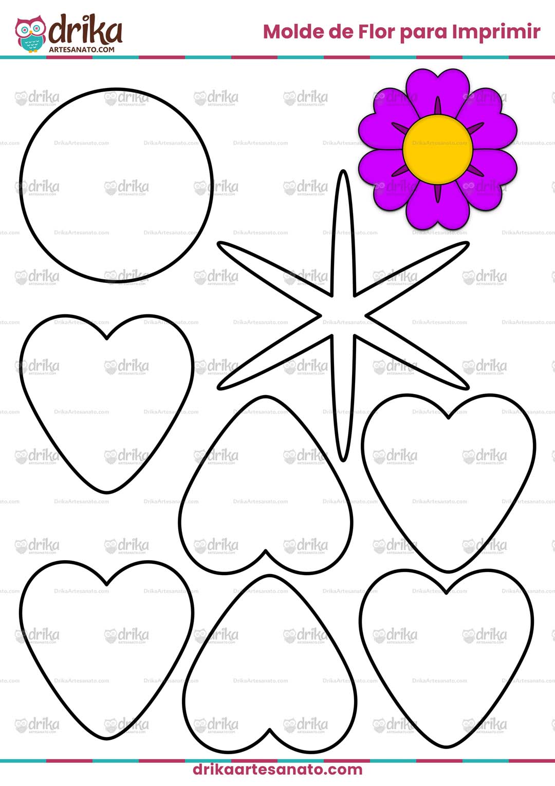 Molde de Flor com 6 Corações para Imprimir em Tamanho Real