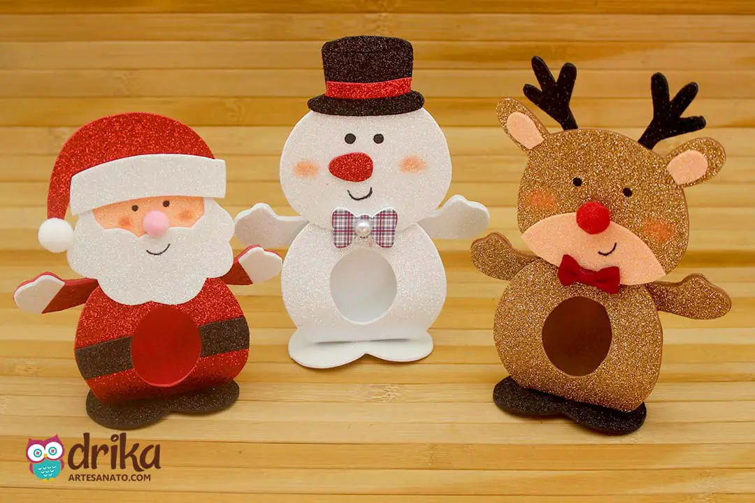 Porta Bombom de Papai Noel, Boneco de Neve e Rena de Natal em EVA