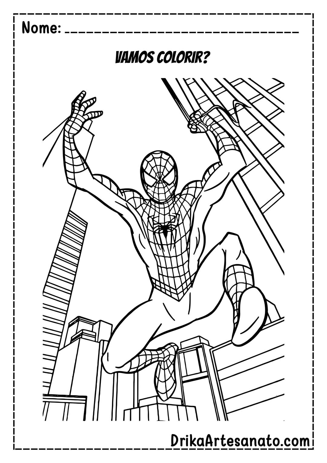 Desenho do Homem-Aranha em meio a Prédios para Colorir