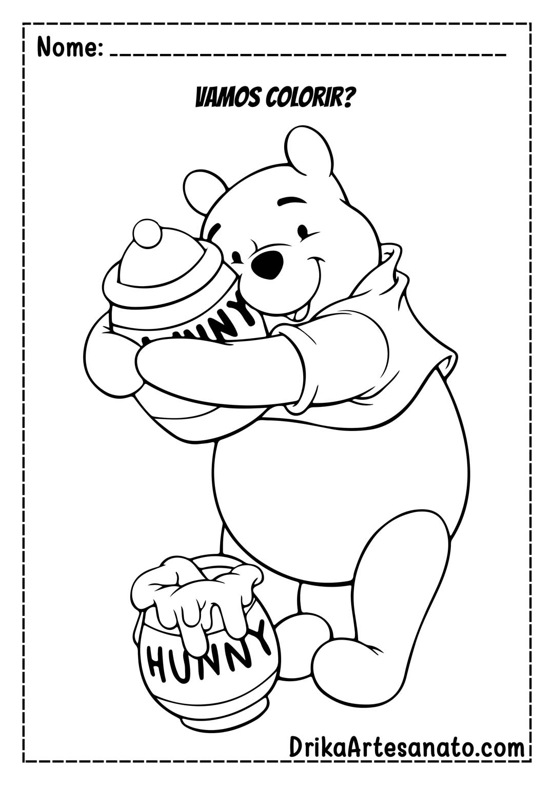 Desenho do Ursinho Pooh com Pote de Mel para Colorir