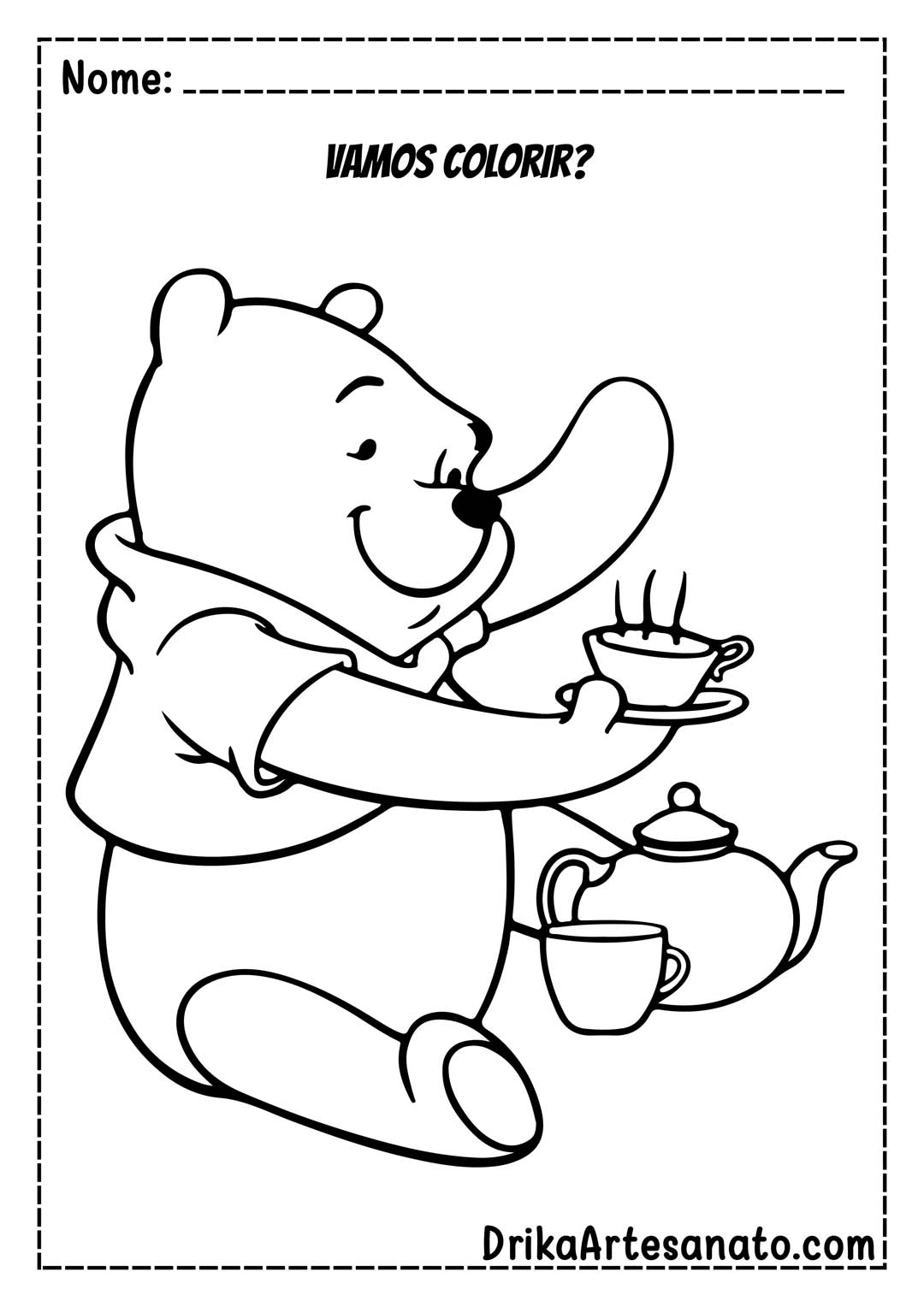 Desenho do Ursinho Pooh Tomando Chá para Colorir