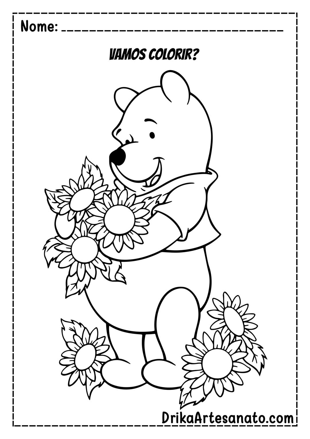 Desenho do Ursinho Pooh com Flores para Colorir