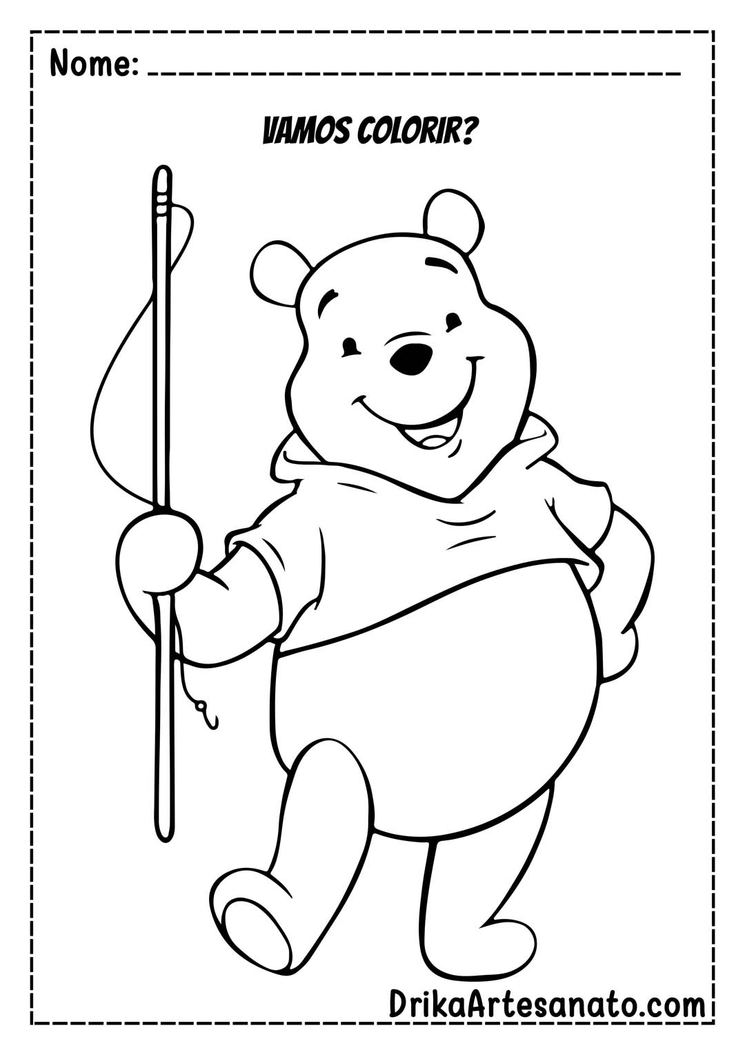 Desenho do Ursinho Pooh com Vara de Pescar para Colorir