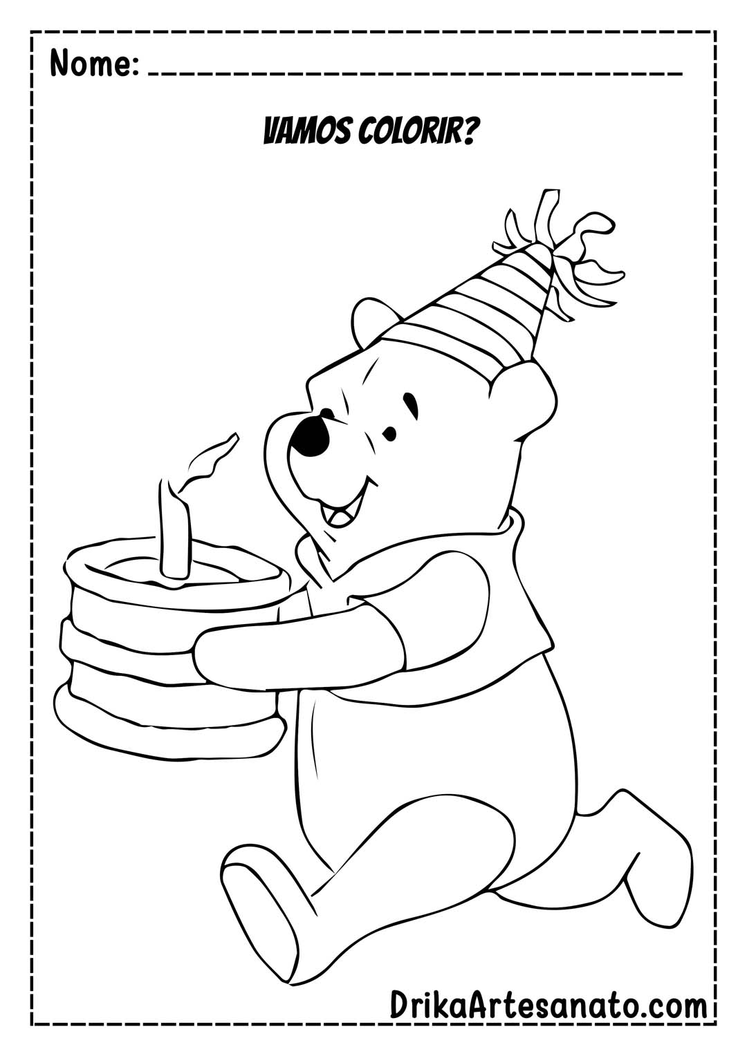 Desenho do Ursinho Pooh com Bolo de Aniversário para Colorir
