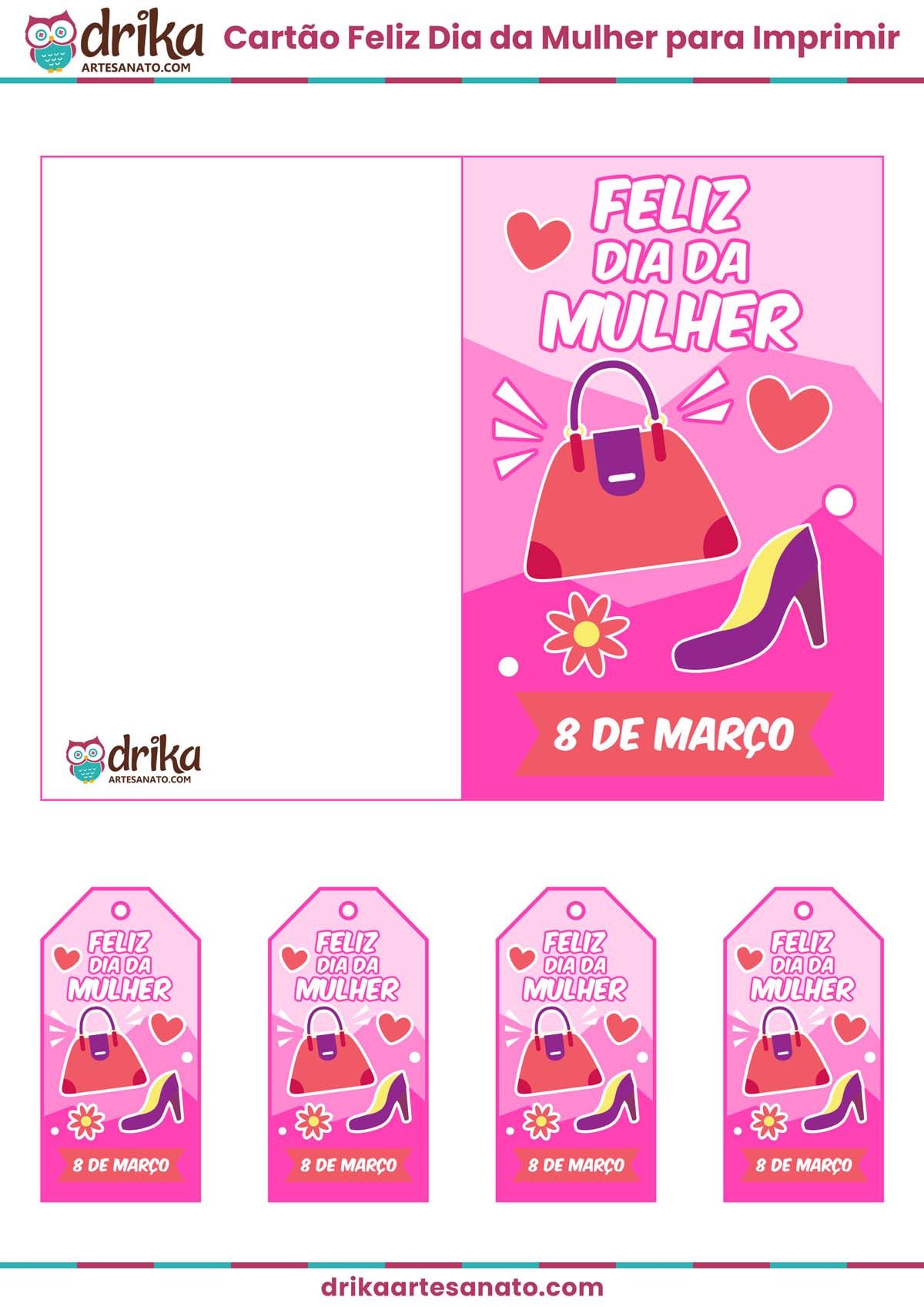 Cartão Feliz Dia da Mulher para Imprimir Grátis em PDF Rosa