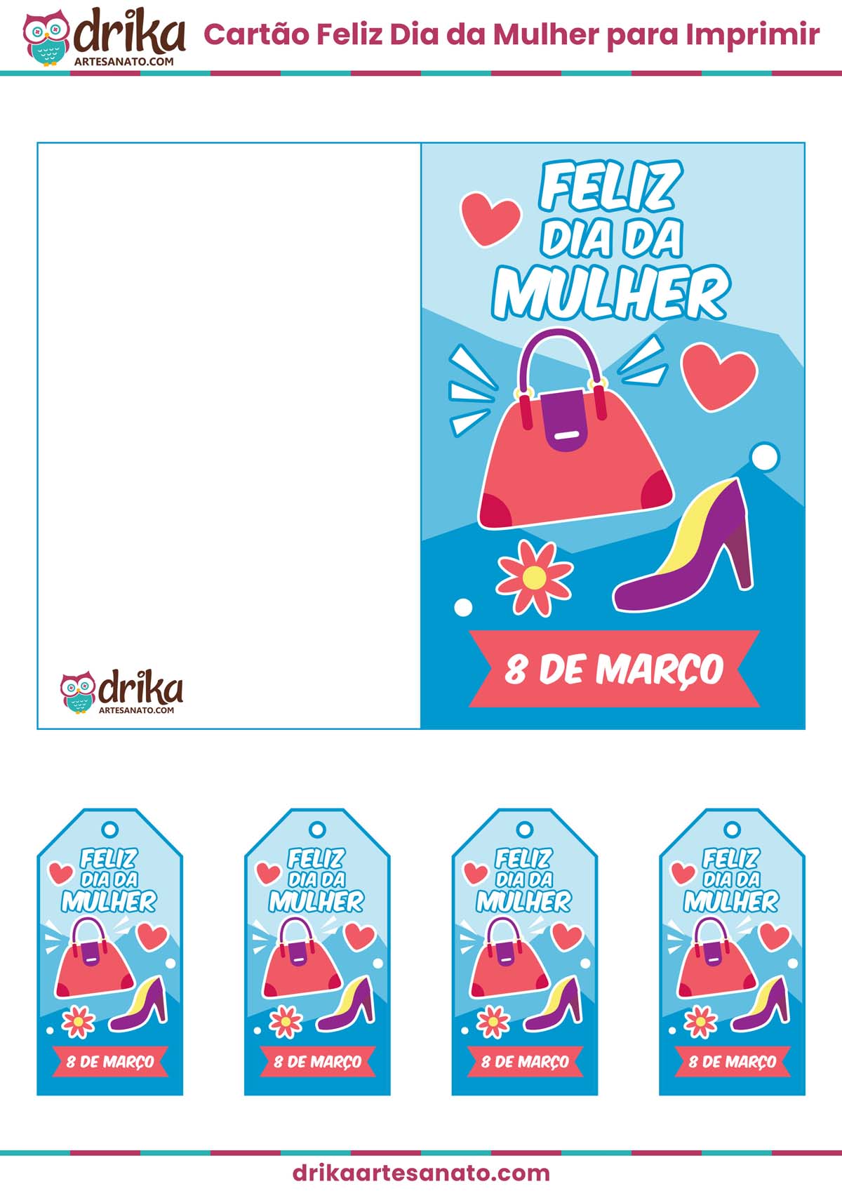 Cartão Feliz Dia da Mulher para Imprimir Grátis em PDF Azul