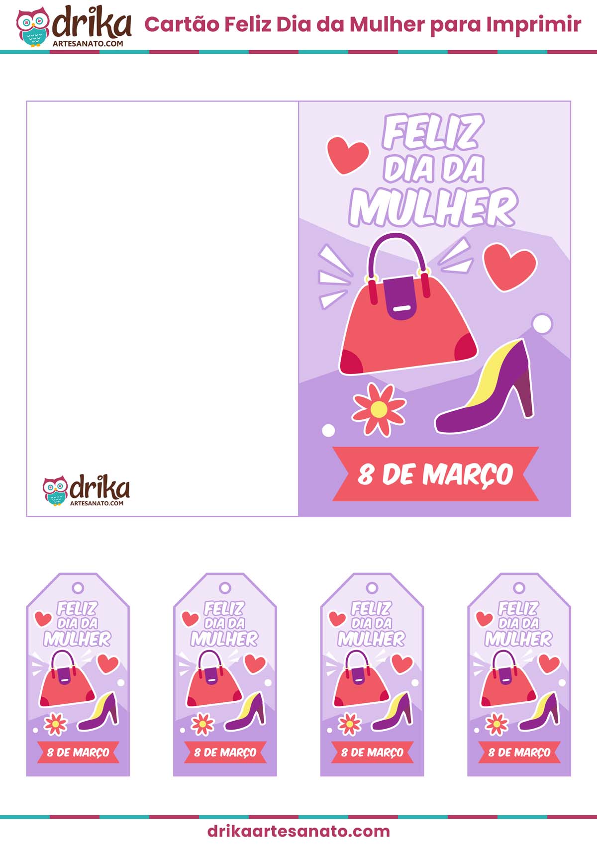 Cartão Feliz Dia da Mulher para Imprimir Grátis em PDF Roxo