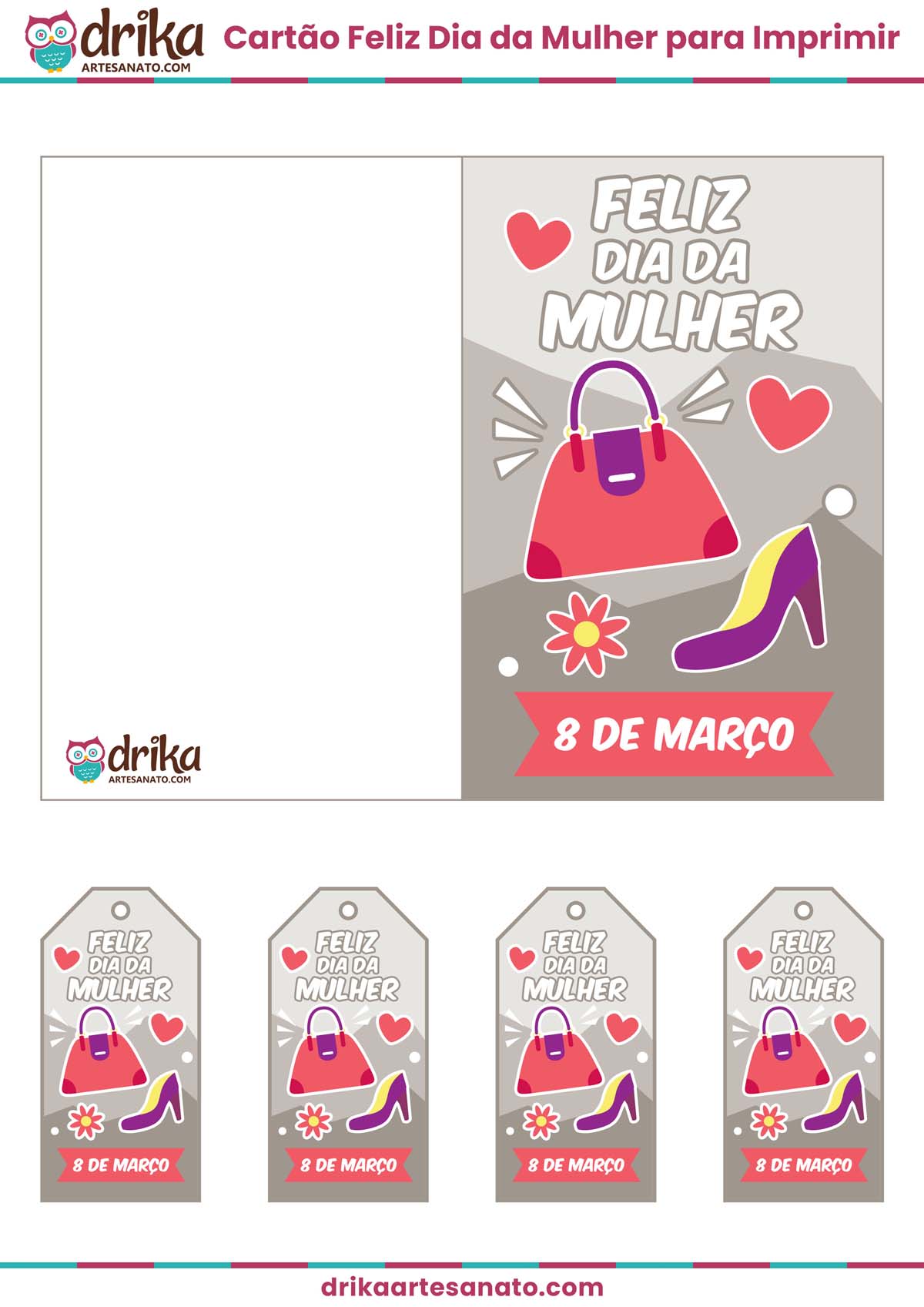 Cartão Feliz Dia da Mulher para Imprimir Grátis em PDF Cinza