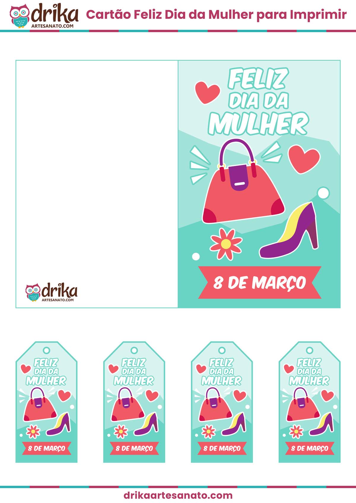 Cartão Feliz Dia da Mulher para Imprimir Grátis em PDF Turquesa