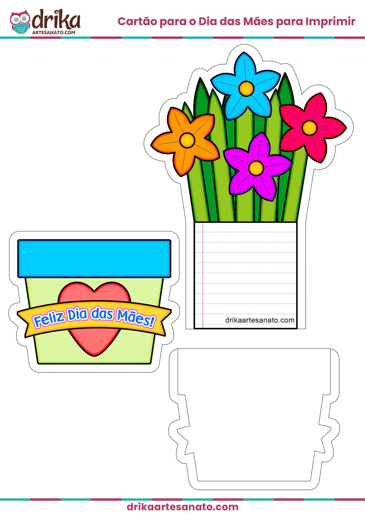 Molde de Cartão para o Dia das Mães com Vaso de Flores para Imprimir