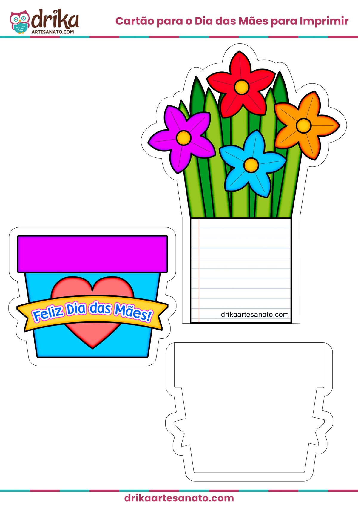 Molde de Cartão para o Dia das Mães com Vaso de Flores em PDF