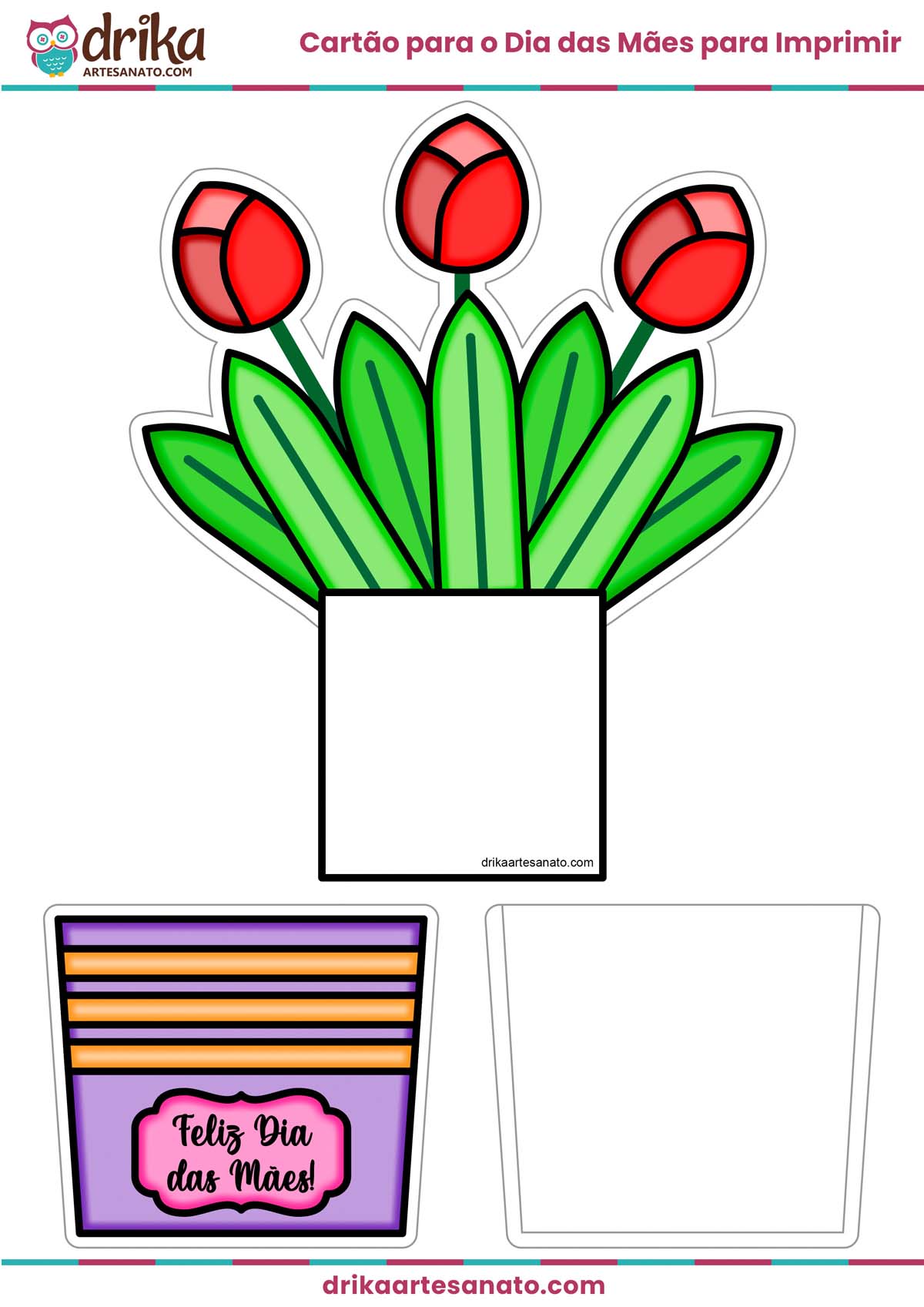 Molde de Cartão para o Dia das Mães com Vaso de Flores em PDF