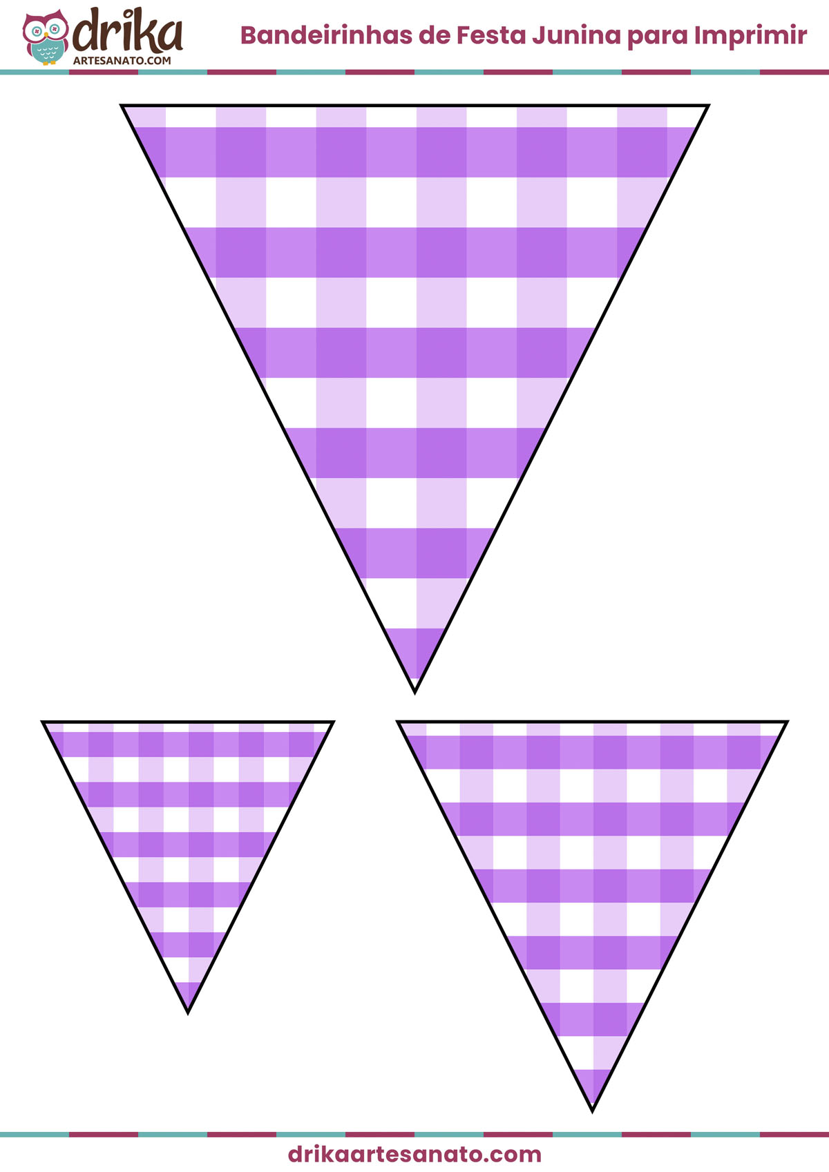 Bandeirinhas triangulares para Festa Junina em PDF com estampa xadrez lilás.