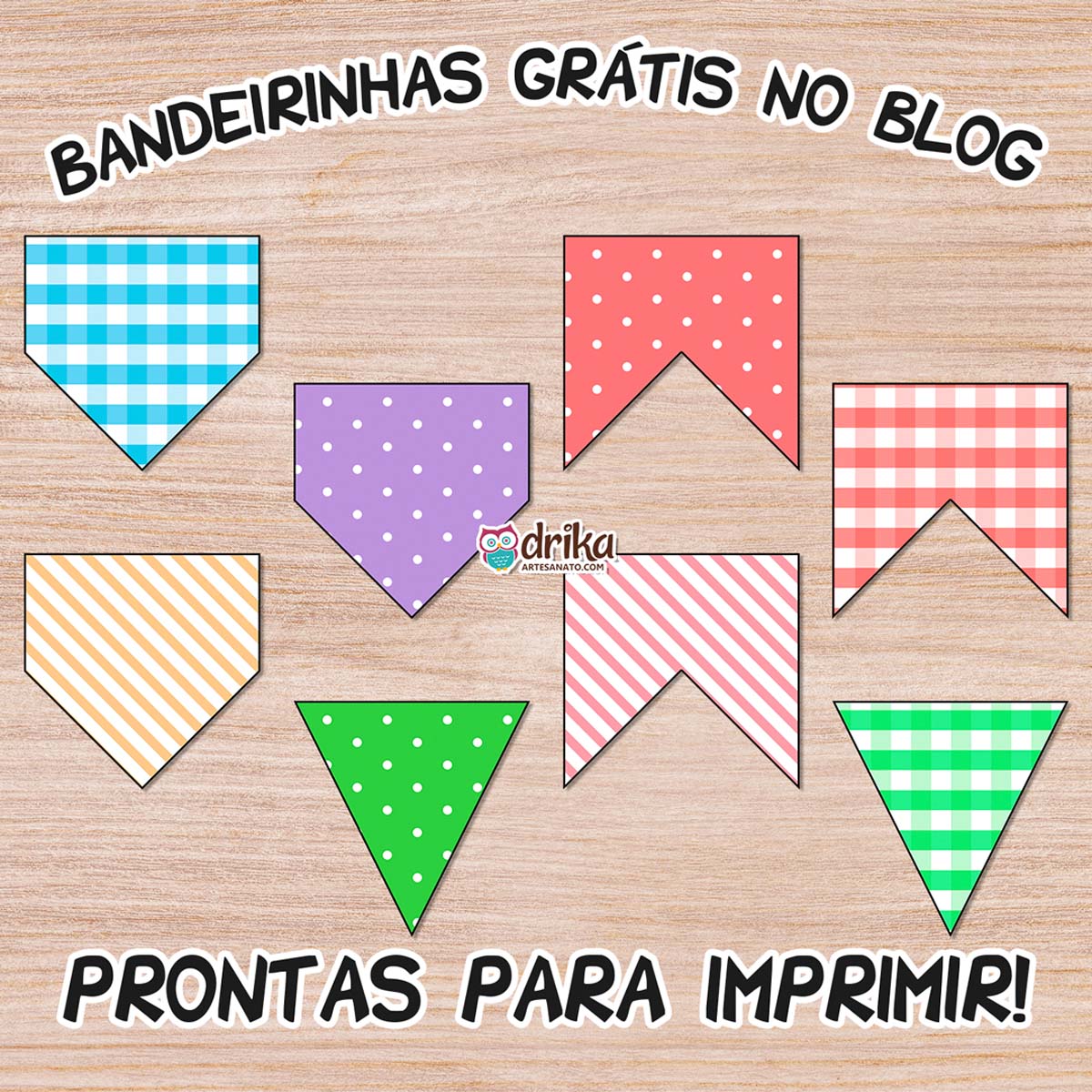 Amostra de bandeirinhas de Festa Junina grátis para imprimir em PDF com diversas cores e estampas.