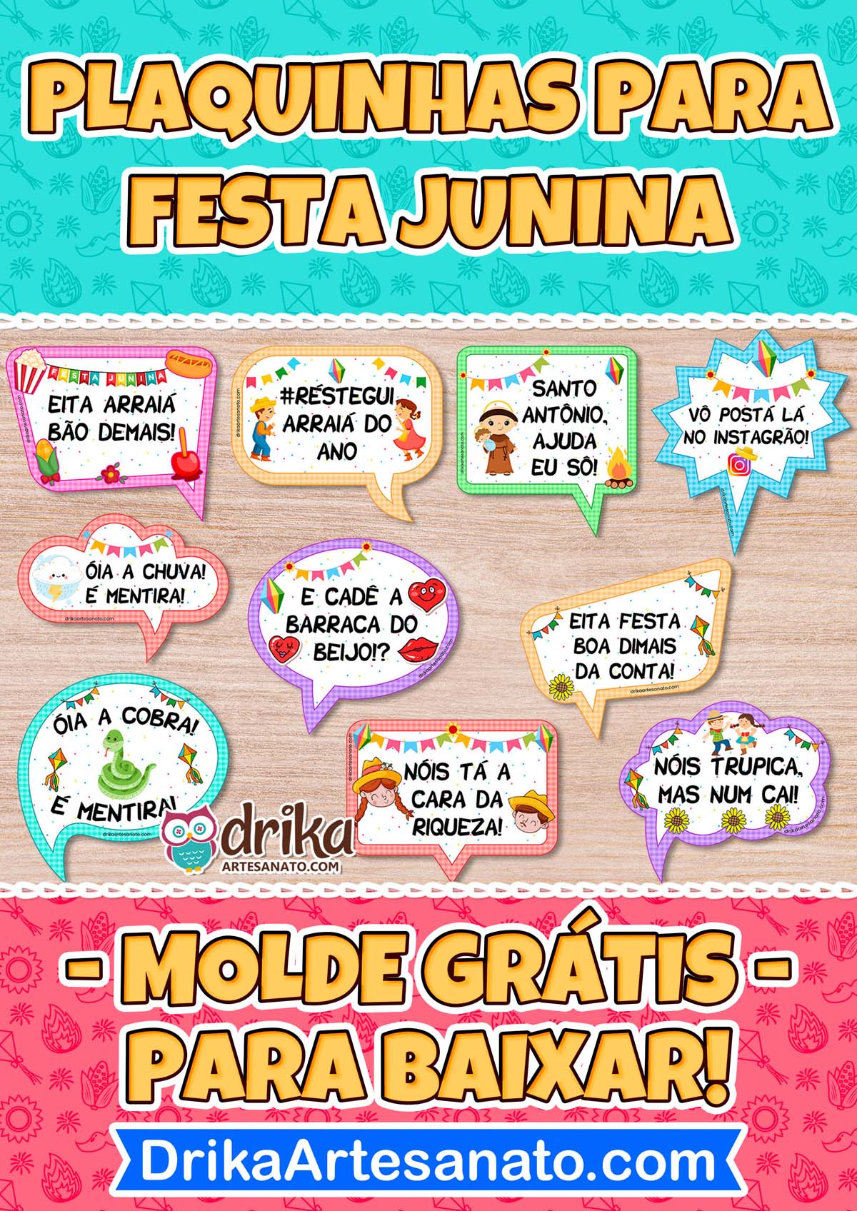 Conjunto completo de 10 plaquinhas juninas coloridas com frases caipiras divertidas em formatos variados sobre fundo de madeira clara