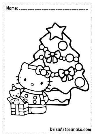 Desenhos para colorir Hello Kitty no Natal - Árvore de Natal