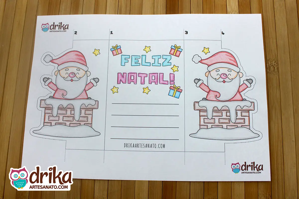 Cartão de Natal Dobrável para Imprimir e Colorir de Papai Noel