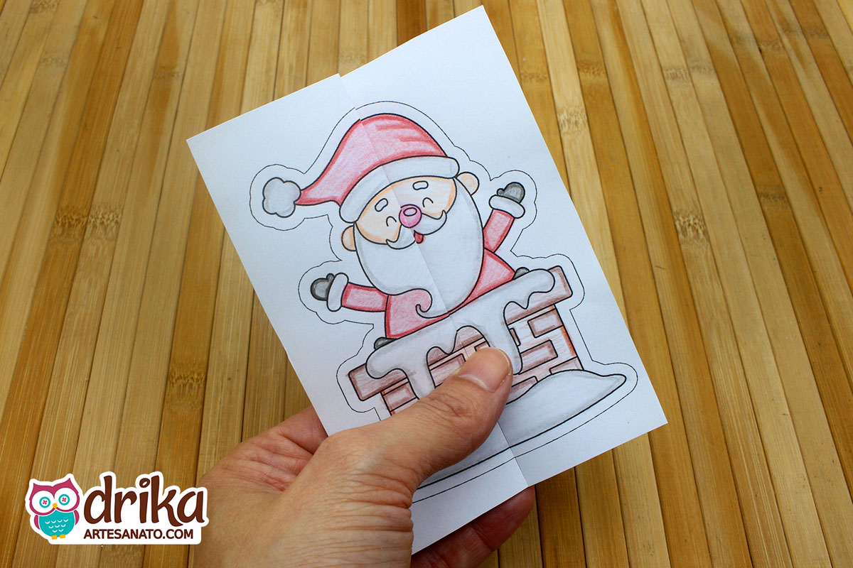Cartão de Natal Dobrável para Imprimir e Colorir de Papai Noel