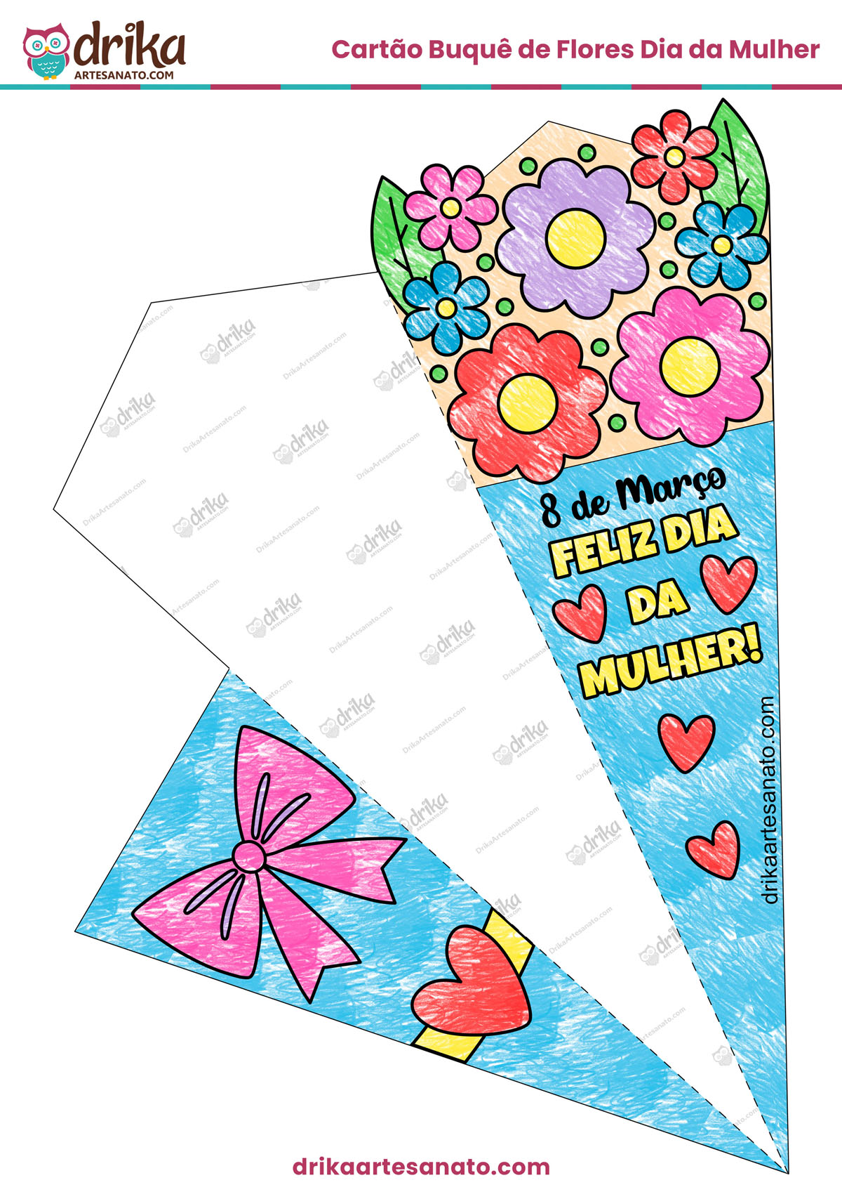 Cartão Buquê de Flores Dia da Mulher Colorido em PDF modelo 1