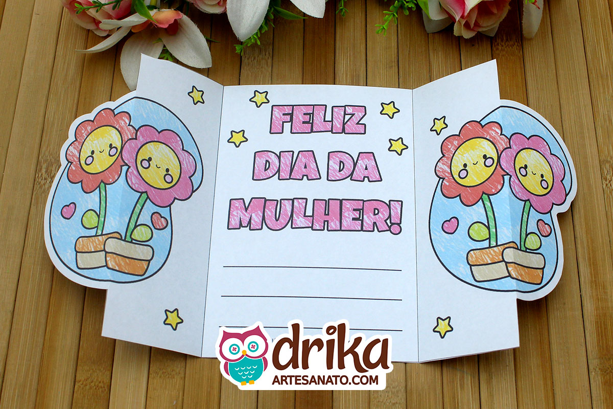 Cartão de Dia da Mulher com Dobradura e Flores para Imprimir