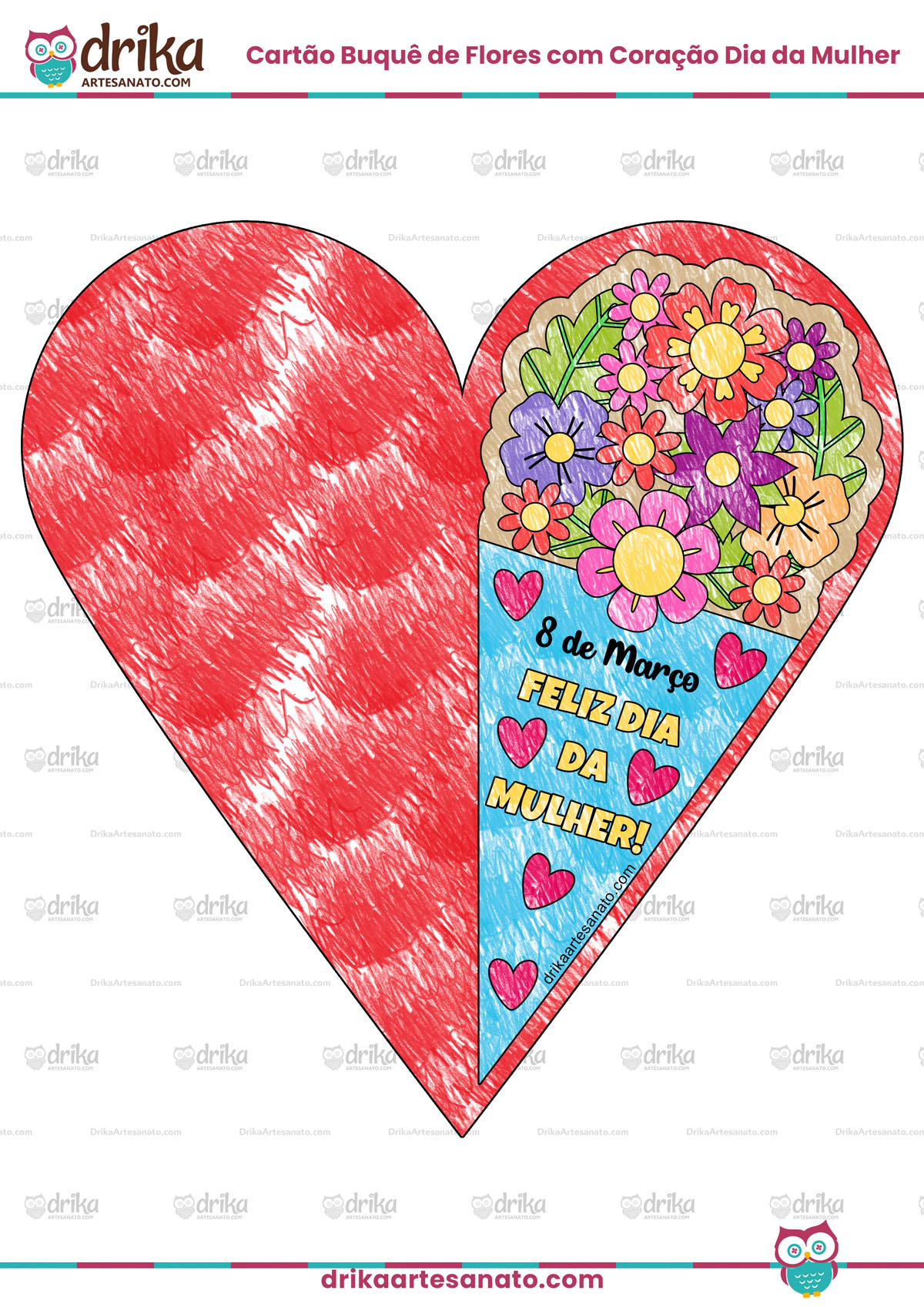 Cartão Buquê de Flores com Coração de Dia da Mulher Colorido