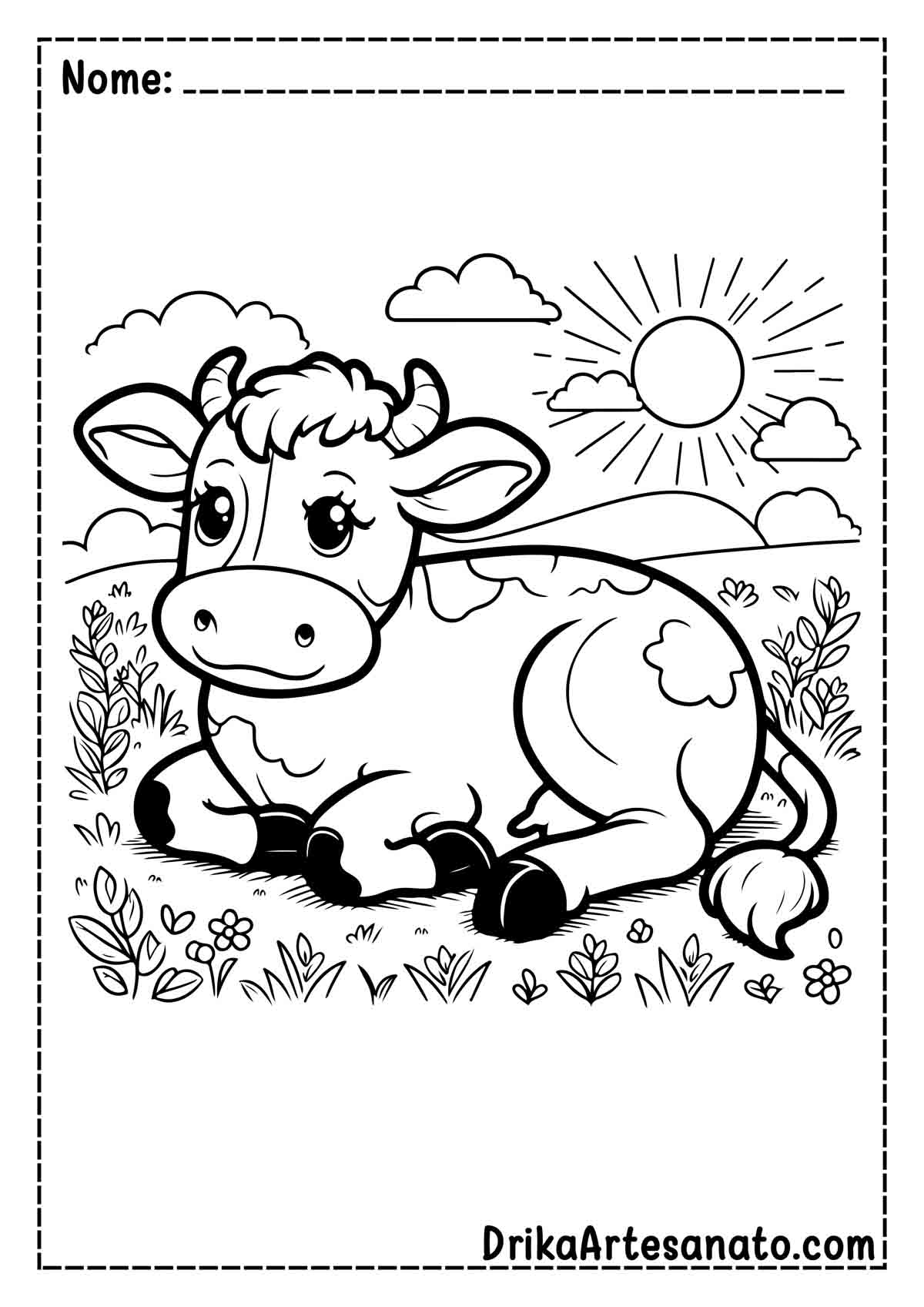 Desenho de Vaca Deitada para Imprimir e Colorir