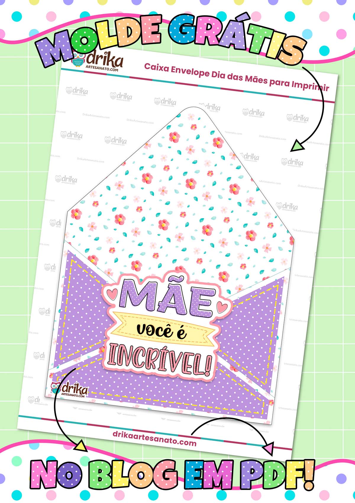 Molde de Caixa Envelope Dia das Mães Modelo 3 em PDF