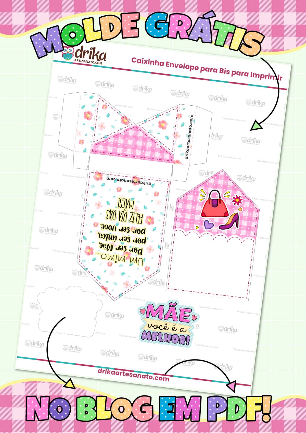 Caixinha Envelope para Bis de Dia das Mães para Imprimir Grátis Modelo 1 em PDF