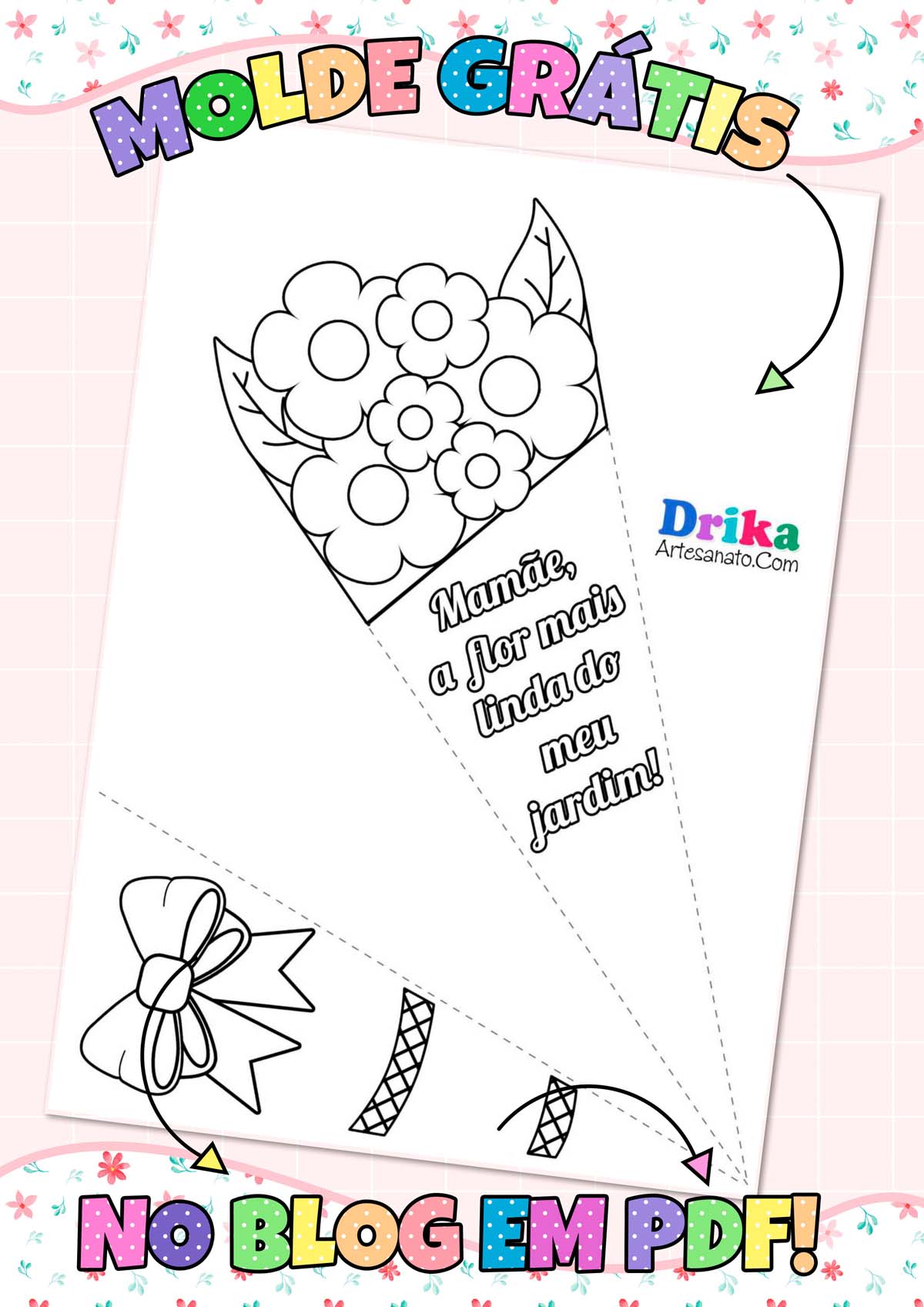 Lembrança Escolar Cartão Buquê de Flores para o Dia das Mães Modelo 1 em PDF