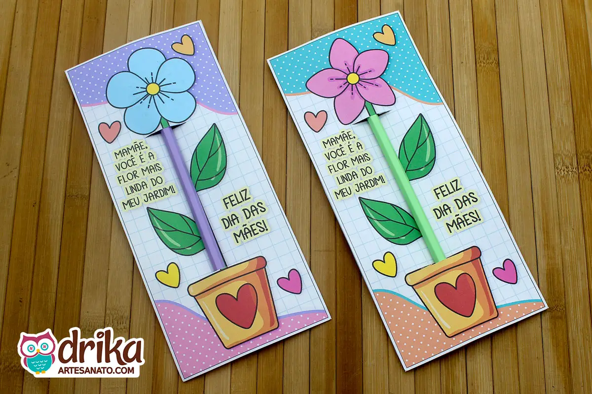 Emoção em Cada Detalhe: Cartões Personalizados com Lápis, Flor e Coração para o Dia das Mães!