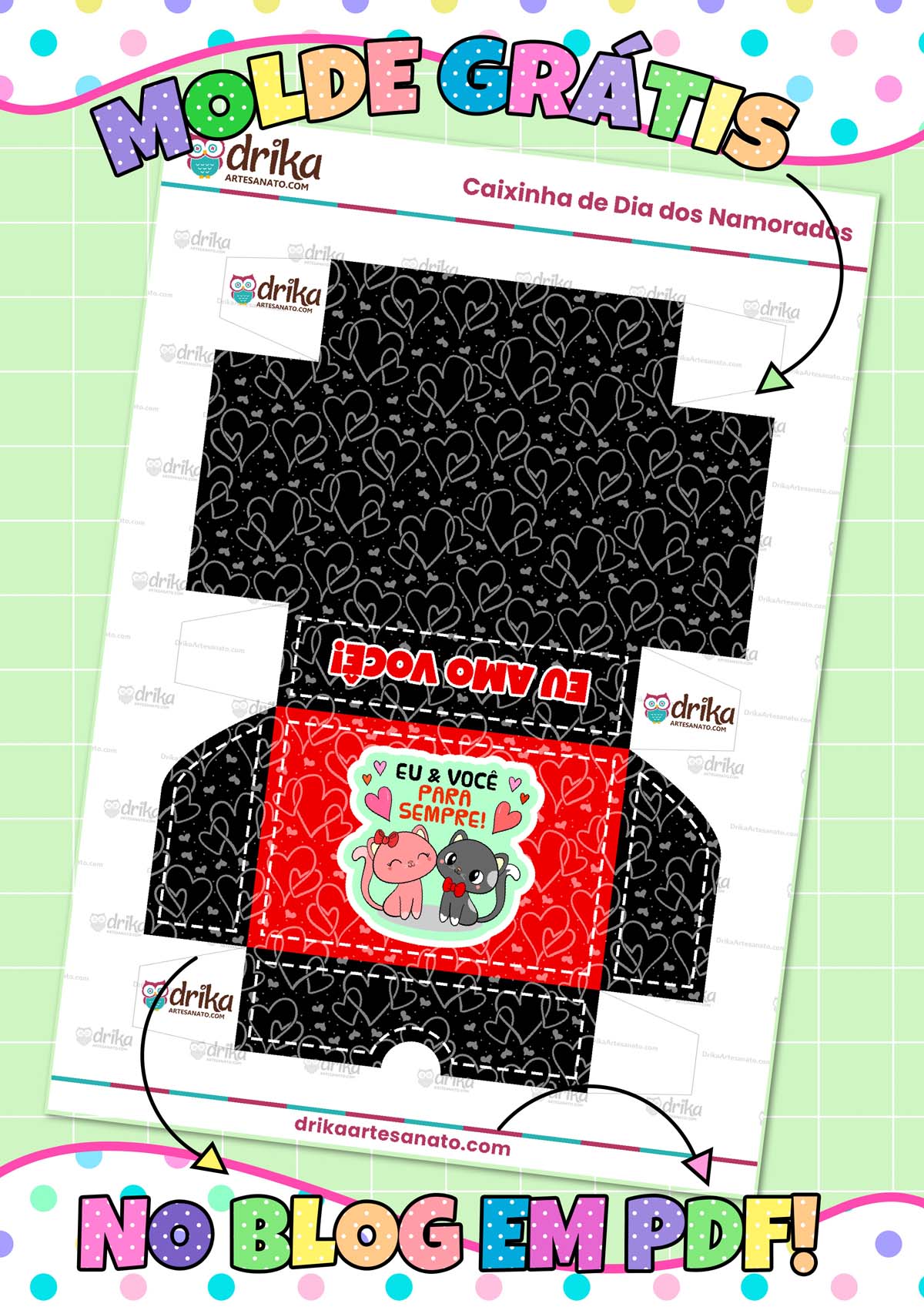 Molde de Caixa de Doces para Namorado com Gatinhos Modelo 1.3 em PDF