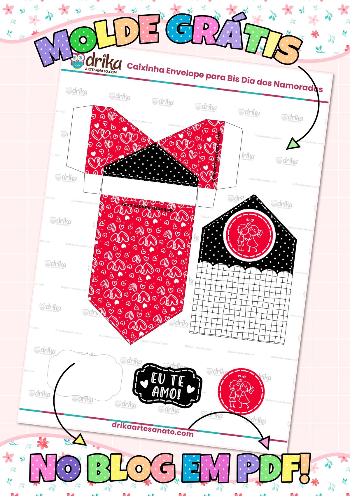 Molde de Caixinha Envelope Dia dos Namorados para Imprimir Modelo 1.1 em PDF