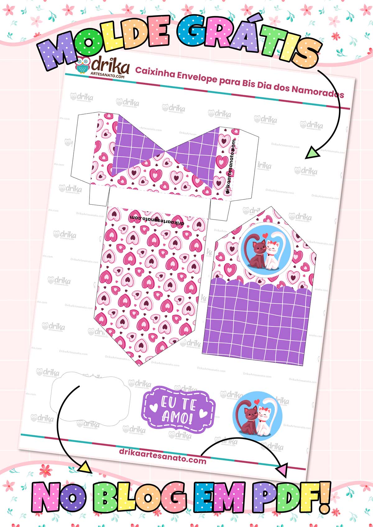Molde de Caixinha Envelope Dia dos Namorados para Imprimir Modelo 1.2 em PDF