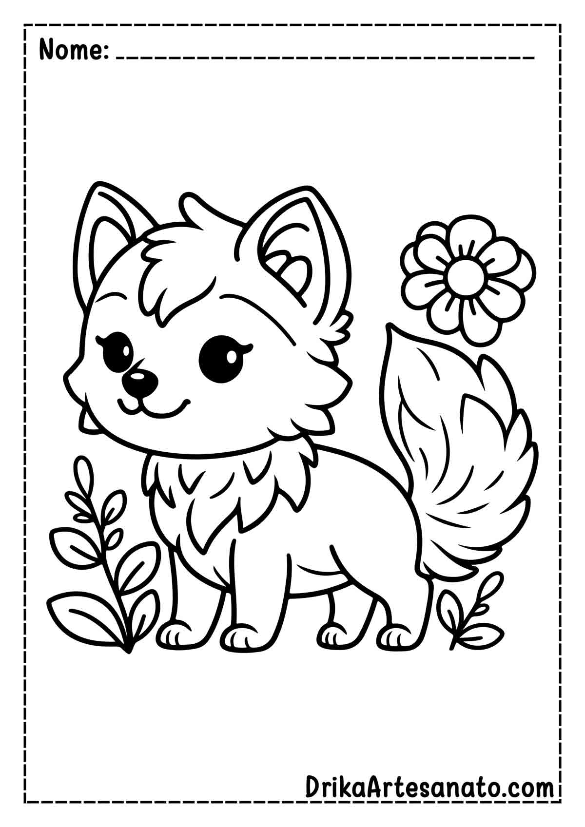 Desenho de Lobo com Flor para Colorir