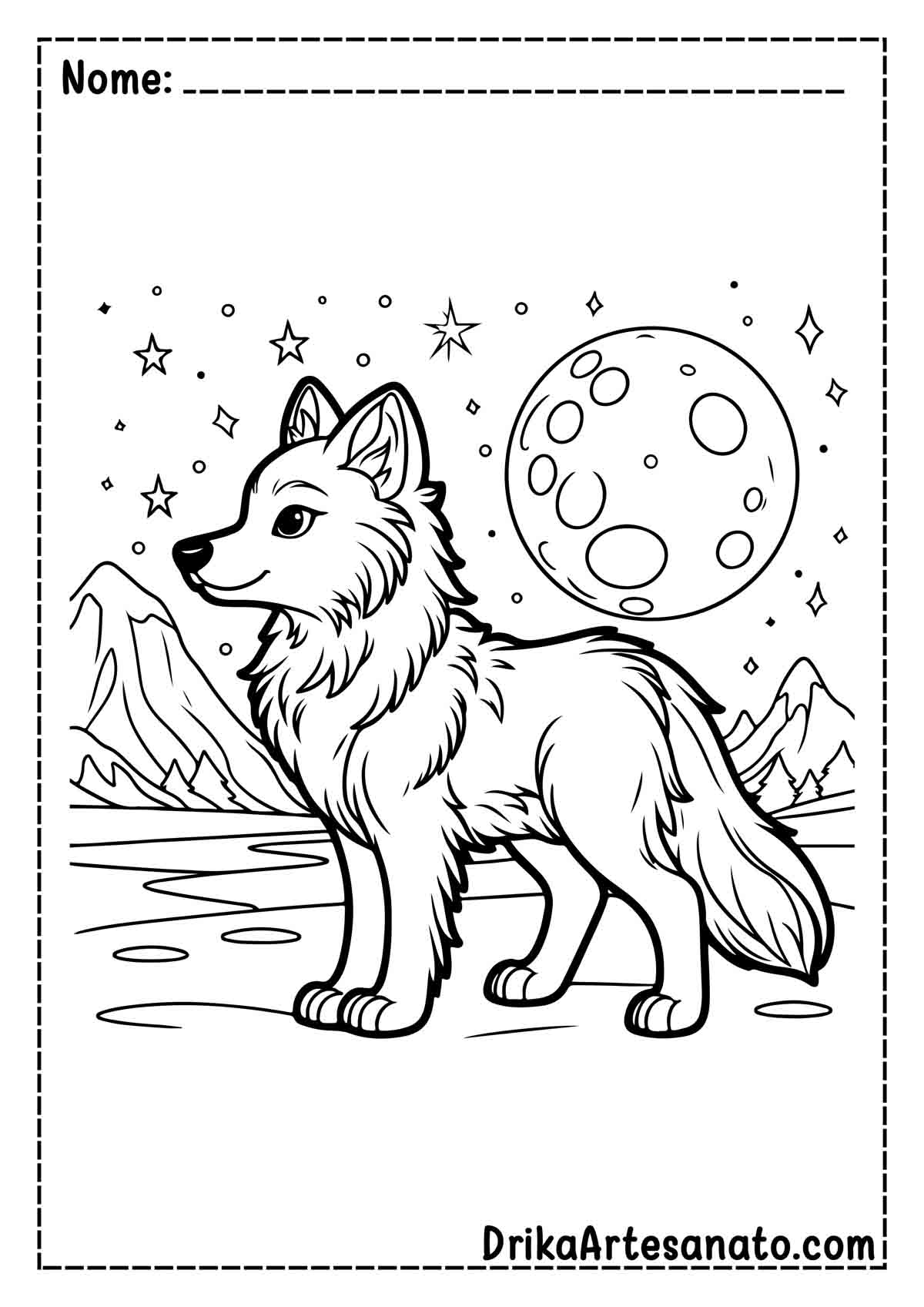 Desenho de Lobo com Lua para Colorir